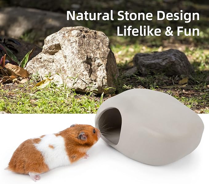Niteangel Ceramic Hamster Habitat Hideout: - Hideaway House for Syrian Dwarf Hamster Mice Gerbils Lemmings or Other Similar-Sized Small Pet (Stone-Shaped - for Syrian)