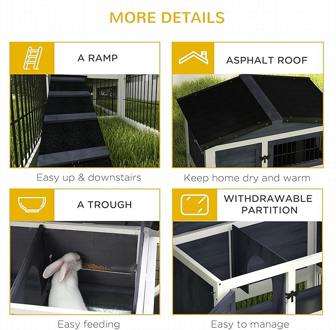 PawHut 2 Levels Outdoor Rabbit Hutch with Openable Top, 59" Wooden Large Rabbit Cage with Run Weatherproof Roof, Removable Tray, Ramp, Dark Gray