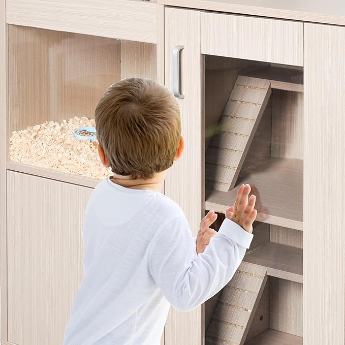 Guinea Pig Cages with Storage Cabinet, Wood Large Hamster Habitat,Hedgehog Cage with Acrylic Sheets and Openable Top,Small Animal Cage for Hedgehog Mouse Gerbil (Wood, 33.5 inch)