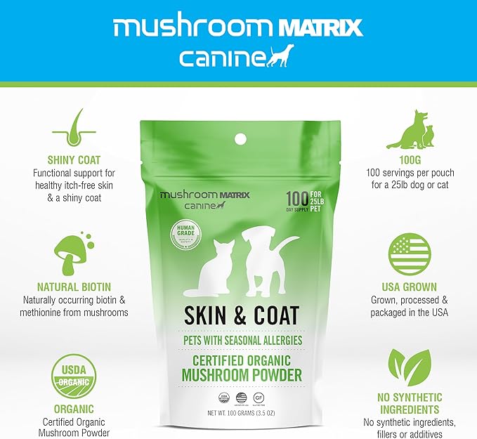 Om Mushroom Matrix Pet - Canine | Skin & Coat | USA Grown Human-Grade Organic Mushroom Powder Pet Supplement | Seasonal Allergy Skin & Coat Support for Dogs & Cats | 100 Grams, 3.5 oz