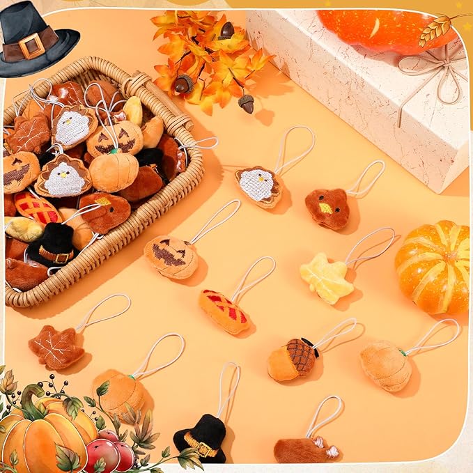 Libima 60 Pcs Thanksgiving Mini Stuffed Animals Fall Plush Keychain Set Autumn Plush Toys for Carnival Birthday Thanksgiving Day Decoration for Clothes