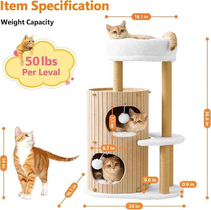 Modern Cat Tree for Indoor Cats Large Adult, 36in H Cat Condo Tower with Scratching Posts, Cozy Cat Bed Cave, Washable Cushions, Dangling Balls, Play&Nap Cat House for All Breeds of Cats, Brown