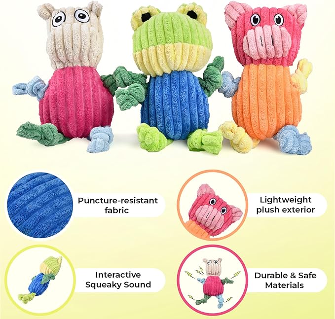 Durable Interactive Squeaky Dog Toys 3-Pack – Tough Chew Toys for Aggressive Chewers & Puppies, Long-Lasting Plush Toy Bundle for Medium/Small Dogs – Noise-Making Pet Gifts to Keep Dogs Busy
