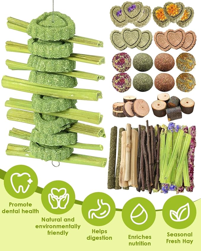 61Pcs DIY Rabbit Toys for Bunny Boredom Basket for Small Pets, Hanging Rodent Dental Toy with Papaya Stems Sweet Bamboo Hamsters, Chinchillas, Guinea Pigs (XL, Papaya stem)