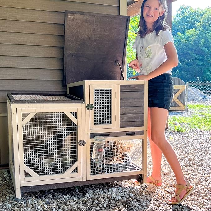Rabbit Hutch Cage Outdoor and Indoor Bunny Hutch on Wheels with Two Deeper No Leak Trays, Guinea Pig Cages Rabbit House (Coffee Color)