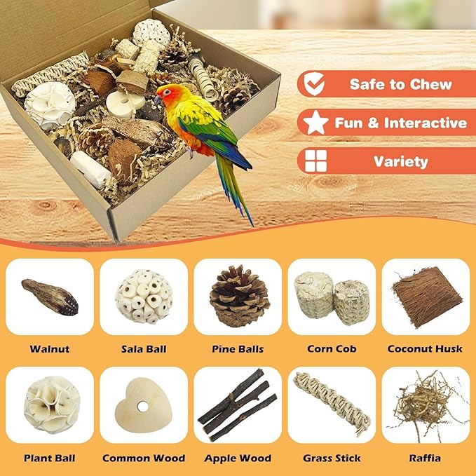 PINVNBY Bird Toys Natural Parrot Shredding Toy Interactive Bird Foraging Box and Chewing Toys for Conure Parakeet Budgie Cockatiel Lovebird Small-Medium Birds (Large)