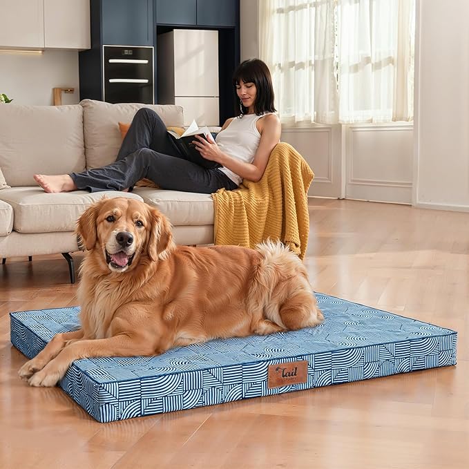 Outdoor Extra Large Dog Bed, Waterproof Dog Bed for Large Size Dogs, Egg Crate Foam XL Pet Bed with Removable Washable Oxford Cooling Cover, White Blue