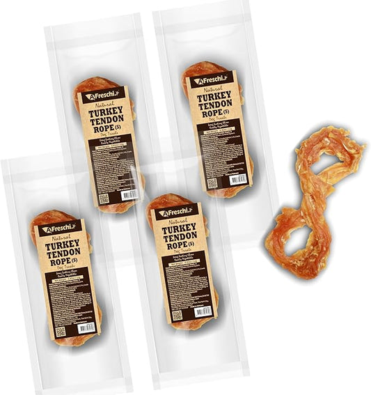 AFreschi Natural Turkey Tendon Rope (S) Pack of 4, Dog Treats for Signature Series, All Natural Human Grade Puppy Chew, USA-Sourced Turkey Tendon, Hypoallergenic, Rawhide Alternative