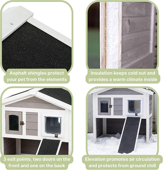 TRIXIE Insulated Outdoor Cat House, Weatherproof 2-Story Cat Home with a Ramp, 2 Covered Openings, Spacious Outdoor Shelter to Rest and Play with, Pewter & White Fir Wood