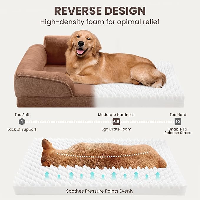 Orthopedic Dog Beds for Large Sized Dogs, Waterproof Egg-Crate Foam Pet Couch Bed with Soft Sides, Non-Slip Dog Sofa with Flannel Removable Washable Cover, 35" L Supportive Pet Sofa, Brown