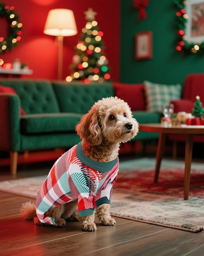 PET SHOW 4 Pack Small Dog Pajamas Holiday Dog Clothes Doggies Girl Boy Soft Stretchy PJs Plaid Jumpsuit Puppy Cats Fall Onesies Christmas Outfits with Sleeve Pets Dachshund Costume(S, Plaid)