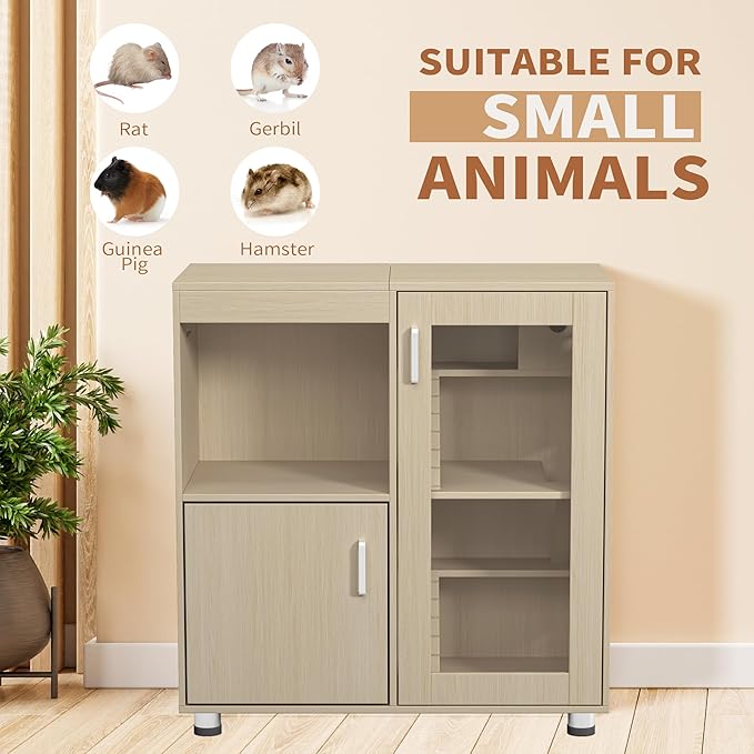 Guinea Pig Cages,4-Tier Hamster Cage Wood with Storage Cabinet, House for Rat Chinchilla, Openable Top, Acrylic Windows, Living World Deluxe Habitat X-Large (Teak+Wood, 33.5 inch)
