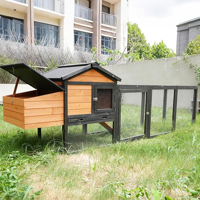 106”Solid Wood Chicken Coop for 3-4 Chickens,Outdoor Hen House Poultry Pet Hutch with Run Cage and Nesting Box,Waterproof Asphalt Roof Ramp,Removable Tray Wire Fence for Backyard