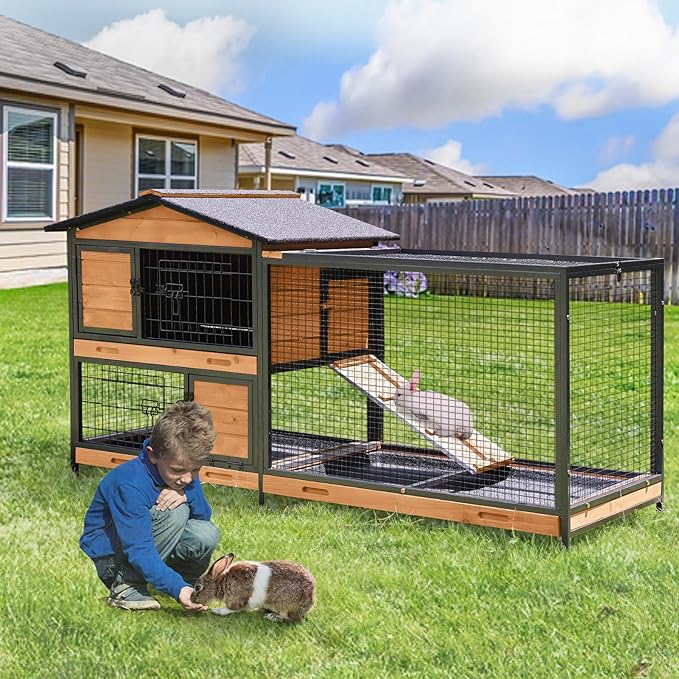 Rabbit Cage,Indoor Rabbit Hutch with Matel Frame and Pull Out Tray,Rabbit Hutch Chicken Coop with Run (Orange)