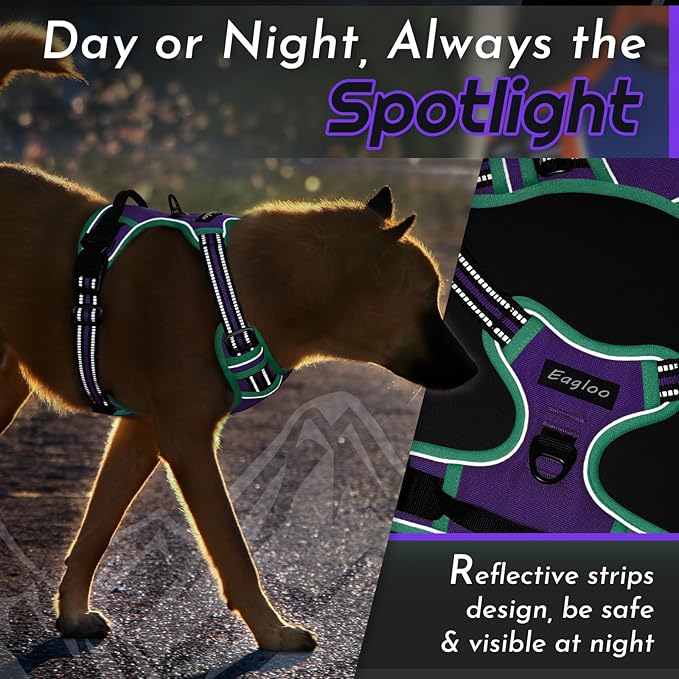 Eagloo Dog Harness for Large Dogs, No Pull Service Vest with Reflective Strips and Control Handle, Adjustable and Comfortable for Walking, No Choke Pet Harness with 2 Metal Rings, Purple & Green, L