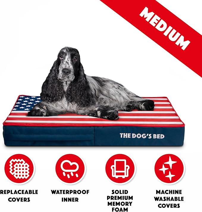 The Dog’s Bed Orthopedic Memory Foam Dog Bed, Medium Blue & Red Trim USA Center Flag 34x22, Pain Relief for Arthritis, Hip & Elbow Dysplasia, Post Surgery, Supportive, Calming, Waterproof Washable
