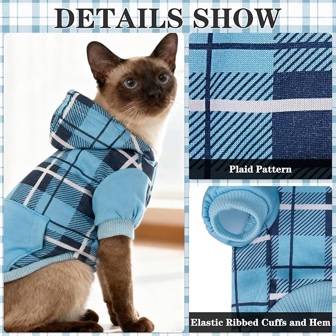 EXPAWLORER Plaid Cat Hoodie - British Style Warm Cat Sweater Shirt with Leash Hole,Pet Clothes Outfits,Winter Coat Apparel for Puppy Cats Girl Boy-Kitten Apparel,Blue S