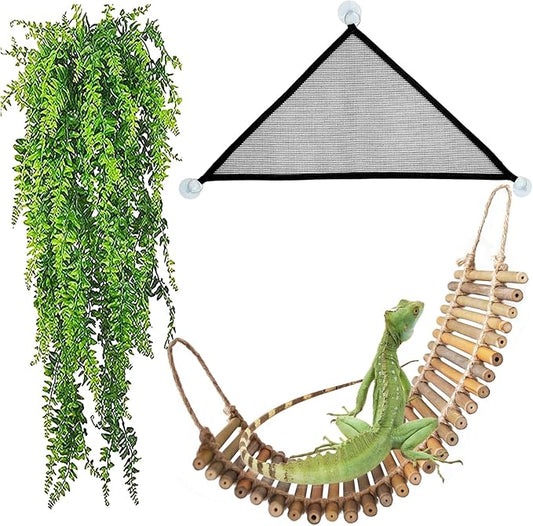 kathson Reptile Bridge for Terrarium,Bearded Dragon Wooden Bridges Gecko Hammock with Hanging Plants Lizard Lounger Bamboo Ladder Reptiles Tank Accessories Climbing for Chameleons Geckos Snakes (3Pcs)