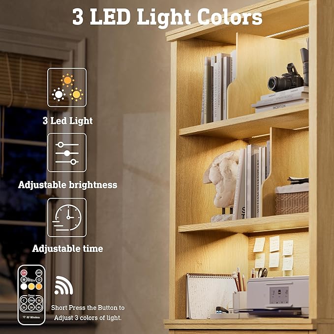 Fluted Bookcase with LED Light Set of 2, 72.2" Tall Standing Bookshelf with Drawer and Doors, Modern Storage Book Case Suite with 6-Tier Open Shelves for Office, Living Room, Bedroom (2, Original Oak)