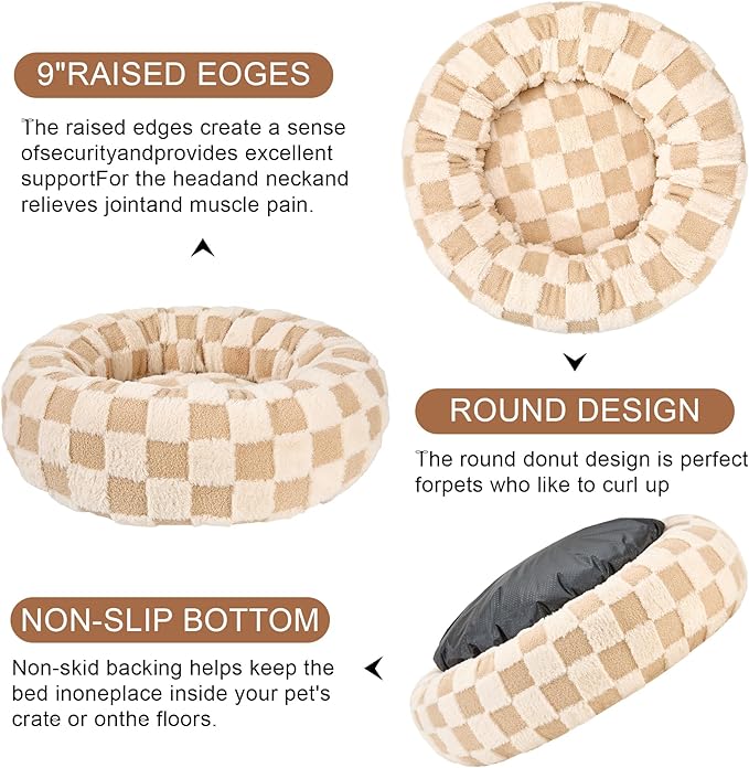 Dog Calming Beds for Small Medium Large Dogs - Round Donut Washable Puppy Dog Bed, Anti-Slip Faux Fur Fluffy Donut Cuddle Anxiety Cat Pet Bed (24" Grid)