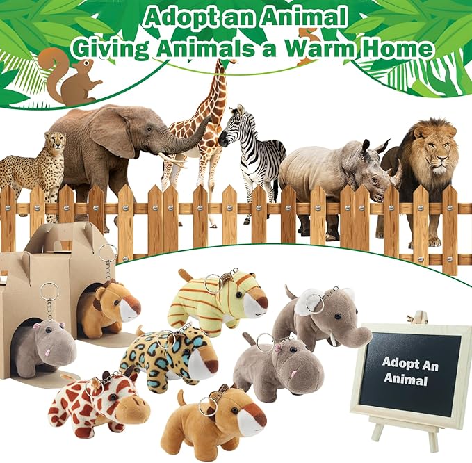 38 Pcs Mini Safari Plush Animals Set Forest Stuffed Toys Adopt a Pet Party Favors Jungle Party Favors Includes 12pc Dolls,2pc Box,12pc Cards,1pc Basket,1pc Blackboard