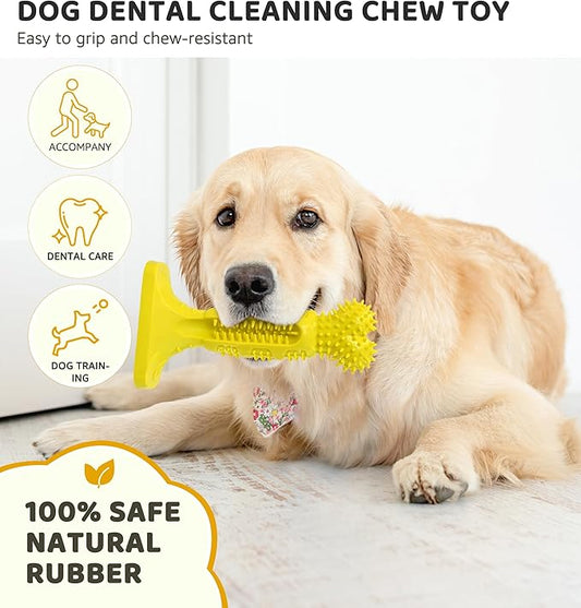 Dog Chew Toy for Teeth Cleaning, Natural Rubber Toothbrush Stick with 360° Bristles, Durable Dog Toys for Aggressive Chewers, Interactive Dental Toy for Medium and Large Dogs (Yellow)