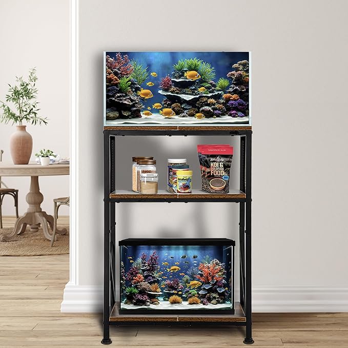 10 Gallon Fish Tank Stand, Aquarium Stand with 3-Tier Storage Shelves, Rustic Brown Metal Frame Turtle Tank,Adjustable Height Design (10 Gallon)