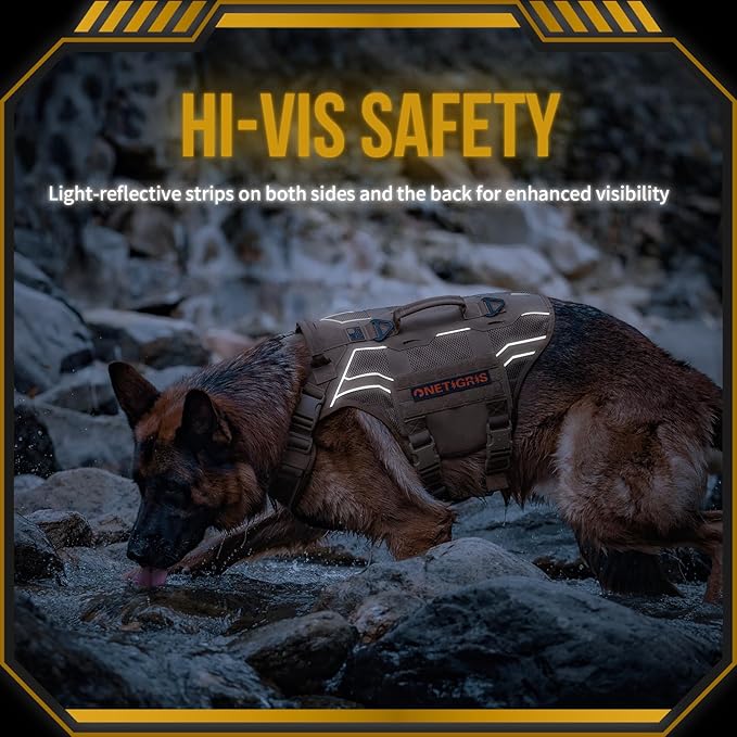 OneTigris Tactical Dog Harness for Medium Large Dogs, Adjustable Tactical Dog Harness with Handles, Reflective Vest Heavy Duty & Breathable Military Assistance Vest with No Pull Buckle, Brown