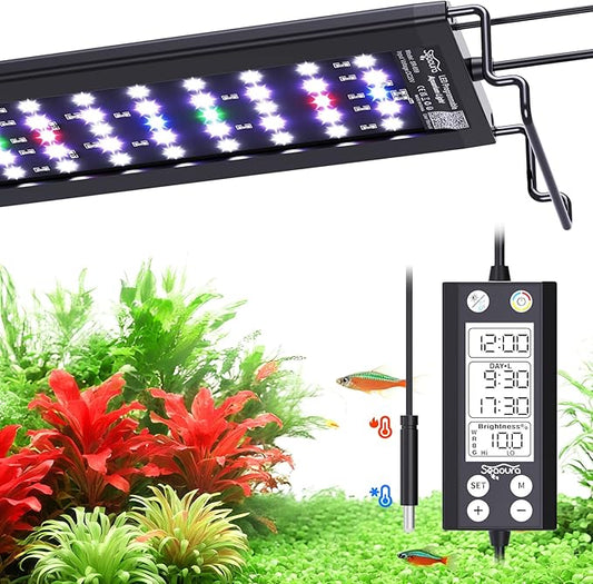 LED Aquarium Light, 12-18in Full Spectrum Lights for Fish Tank with Thermometer, 24/7 Programmable with Power Off Memory, WRGB Custom, 20 Level Brightness for Freshwater Aquariums