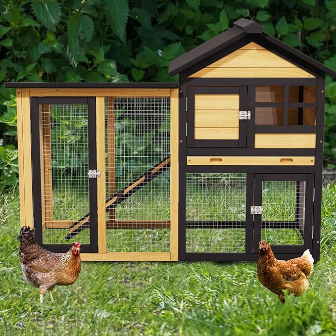 Large Chicken Coop and Run Outdoor Indoor Two Story Rabbit Hutch Pet House Guinea Pig Cage with Removable Tray，Ramp，Ventilation Doors for Chickens,Bunny,Ducks,Quails（Natural Wood）