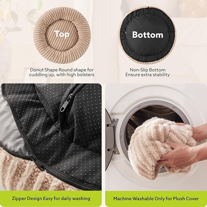 MIXJOY Donut Dog Bed for Small Dogs, Washable Dog Bed with Removable Cover, Small Cat Beds for Indoor Cats, Calming Soft Round Pet Beds with Anti Slip Bottom, Cute Puppy Beds, 23"x23"x8", Beige