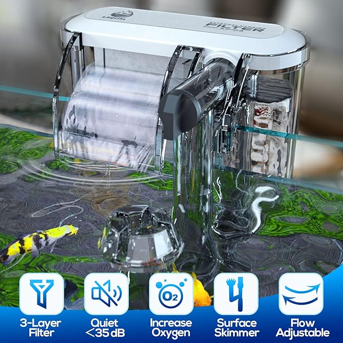 Aquarium Filter with Surface Skimmer, 10 Gallon Small Fish Tank Filter, 3-Layer Filtration, Adjustable Water Flow, Waterfall Design for Increasing Oxygen, Quiet & Efficient Hang on Back Filter