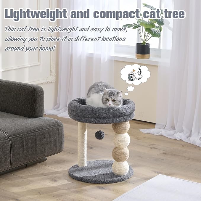 YOCAN Small Cat Tree Tower Indoor with Large Cozy Plush Top Perch, Natural Sisal Scratching Posts, Interactive Dangling Ball Great for Kittens and Cats (Gray)