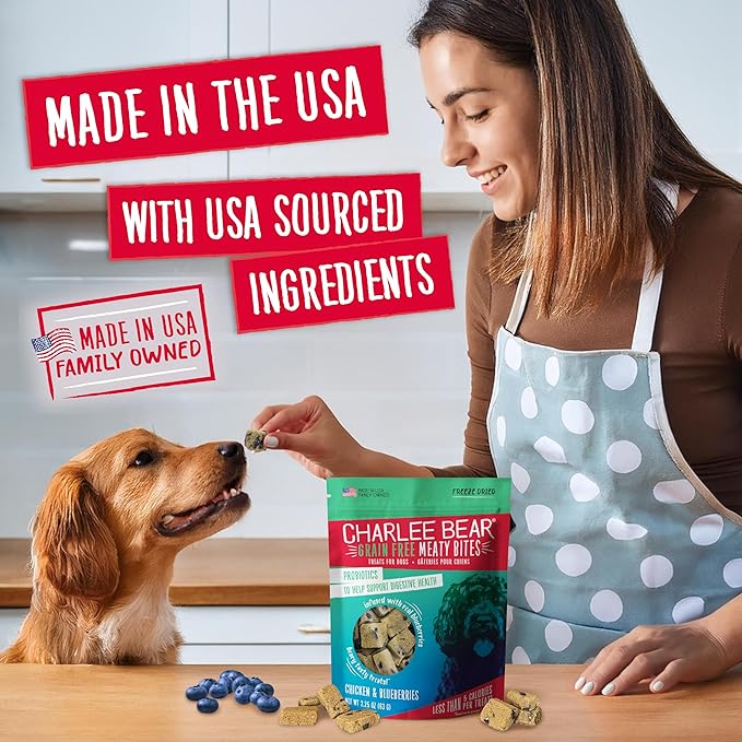 Charlee Bear Grain Free Meaty Bites Freeze Dried Dog Treats with Probiotics, Puppy Training Snacks, Soft Dog Bites Chicken with Blueberries, 2.25 oz Bags (2), Made USAA