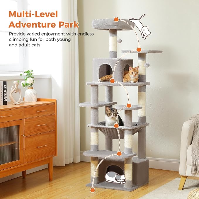 64.5-inch Plush Cat Tree for Indoor Cats with Large Metal Frame Hammock - Multi-Level Cat Tower with 2 Top Perches, 2 Condos, 7 Scratching Posts & Pompoms, Sturdy Pet House Toys, Grey
