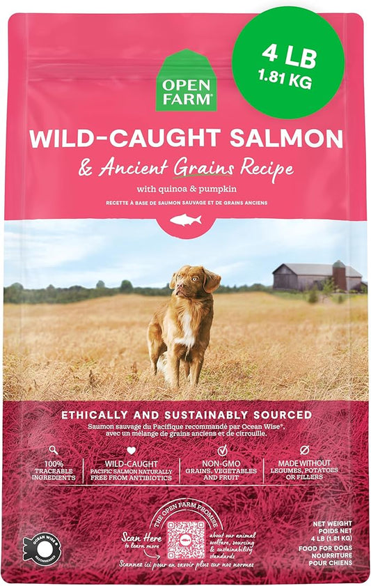 Open Farm, Ancient Grains Dry Dog Food, Protein-Rich & Nutrient Dense, 90% Animal Protein Mixed with Non-GMO Fruits, Veggies and Superfoods, Wild Caugh Salmon Recipe, 4lb Bag