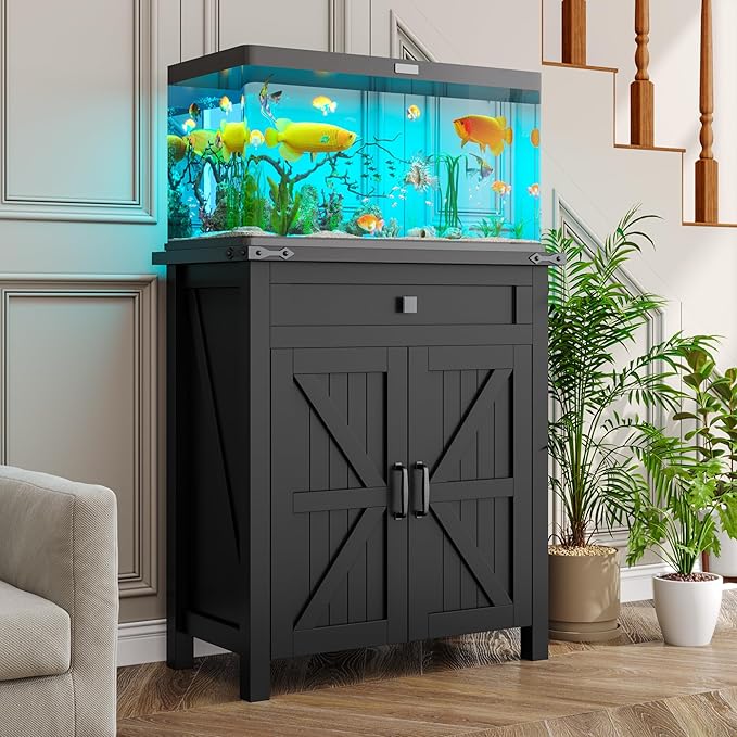 20 Gallon Fish Tank Stand with Power Outlets, Farmhouse Decorative Aquarium Stand Furniture with Adjustable Shelves, 10-20 Gallon Reptile Turtle Tank Stand with Cabinet Storage (Black, 20GL)