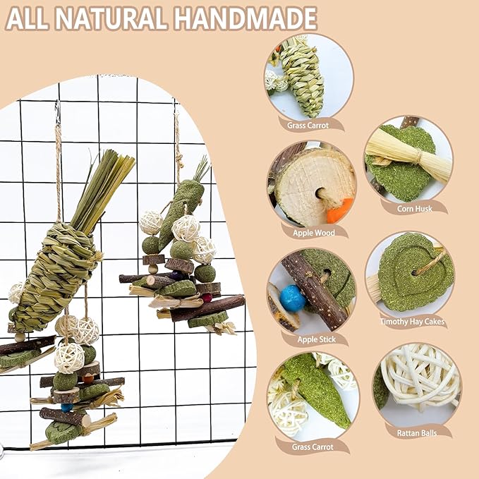 Rabbit Chew Toy, 2Pcs Bunny Cage Hanging Chew Toy & Treats,Natural Material Handwoven Chinchilla Treats Toys for Guinea Pig Hamster Rat and Other Small Pets Teeth Grinding