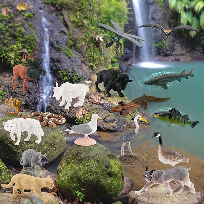 1-2 Inch North American Great Lakes Animals Set for Cake Topper Mini Biome Animals Figurines Set Plastic Water Snake Bat Goose Figurines Dragonfly Figure Toy Gift for Kid Toddlers