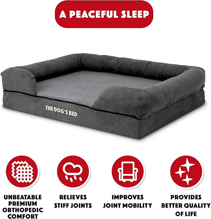 The Dog’s Bed, Large Grey Plush Memory Foam, Pain Relief: Arthritis, Hip & Elbow Dysplasia, Post Surgery, Lameness, Supportive, Calming, Waterproof Washable Cover, Veterinary Approved