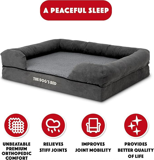 The Dog’s Bed, Large Grey Plush Memory Foam, Pain Relief: Arthritis, Hip & Elbow Dysplasia, Post Surgery, Lameness, Supportive, Calming, Waterproof Washable Cover, Veterinary Approved