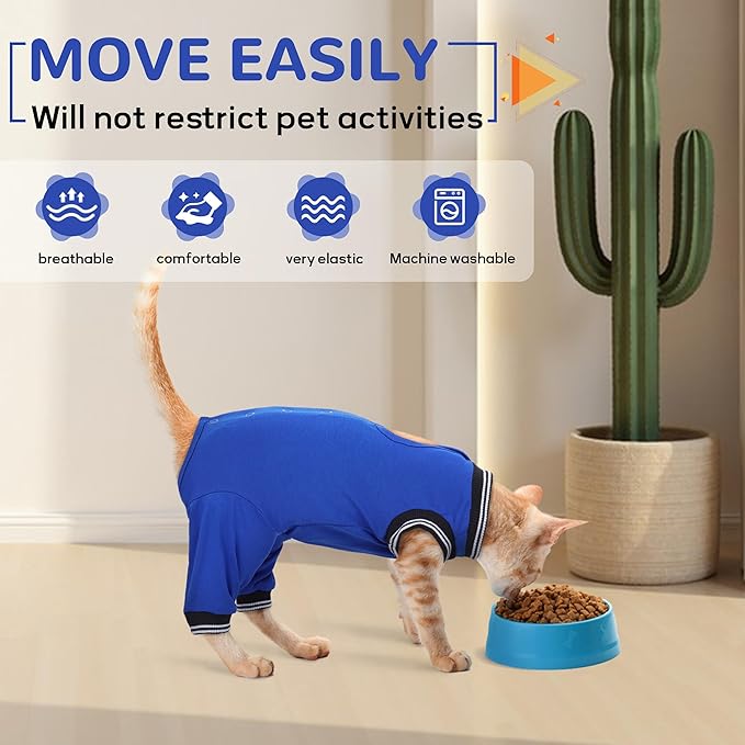 PUMYPOREITY Cat Recovery Suit for Hind Legs, Cat Surgical Spay Suit with Leg Sleeves to Stop Licking, Long Rear Sleeve Wound Cover Abdomen Kitten Onesie, Blue, M