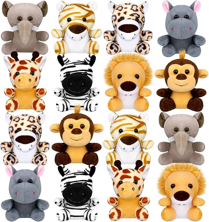 Elcoho 16 Pieces Safari Mini Stuffed Jungle Animal Set Small Stuffed Forest Animal 3.75 Inch Animal Keychain Plush Toys for Animal Themed Parties Kids Birthday(Sitting)