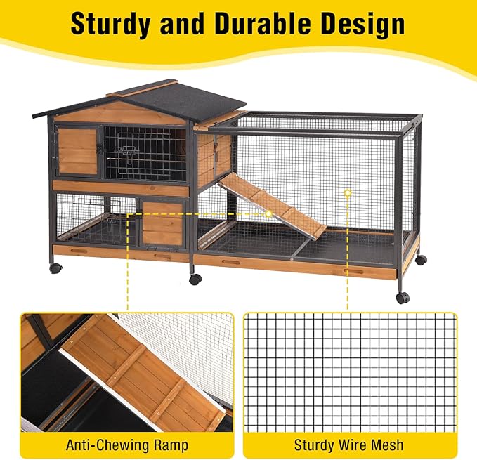 Aivituvin Rabbit Hutch Indoor 2 Story Bunny Cage Outdoor Guinea Pig Cage with Caster Wheels Chicken Coop with Run, 3 Pull Out Tray (Black&Wood)