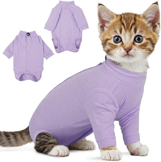 PUMYPOREITY Cat Front Leg Recovery Suit, Surgical Spay Suit with Leg Sleeves to Stop Licking, Machine Washable & Comfort Fit, Long Rear Sleeve Prevents Scratching & Biting, Purple, M