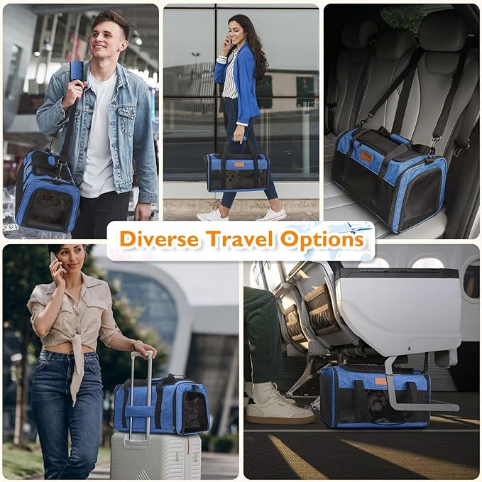 PETUX Pet Carrier Airline Approved - 17"x11"x9.5" Soft Cat Travel Carrier for Small Cats up to 12 lb - Top Open Portable Breathable TSA Approved Pet Carrier in Cabin for Travel and Vet Visit - Blue