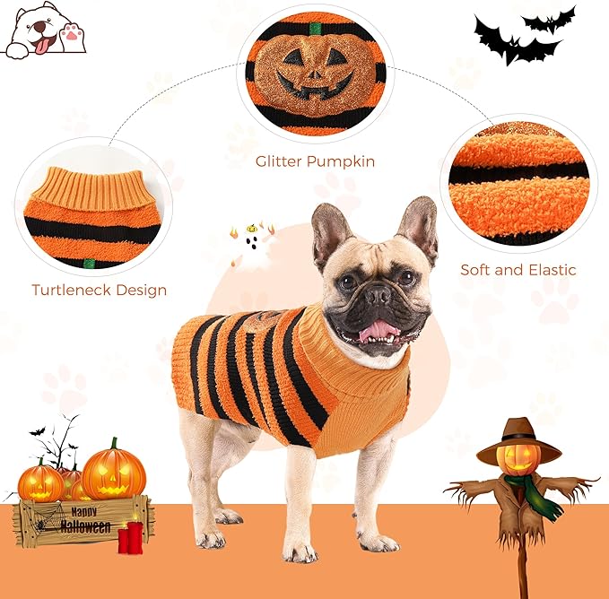 NACOCO Dog Halloween Pumpkin Sweater - Pet Costume with Glitter Pumpkin Turtleneck Knitted Clothes Cat Sweatshirt Soft Winter Warm Knitwear Outfits Apparel for Small Medium Large Dog Cat (Orange, XL)