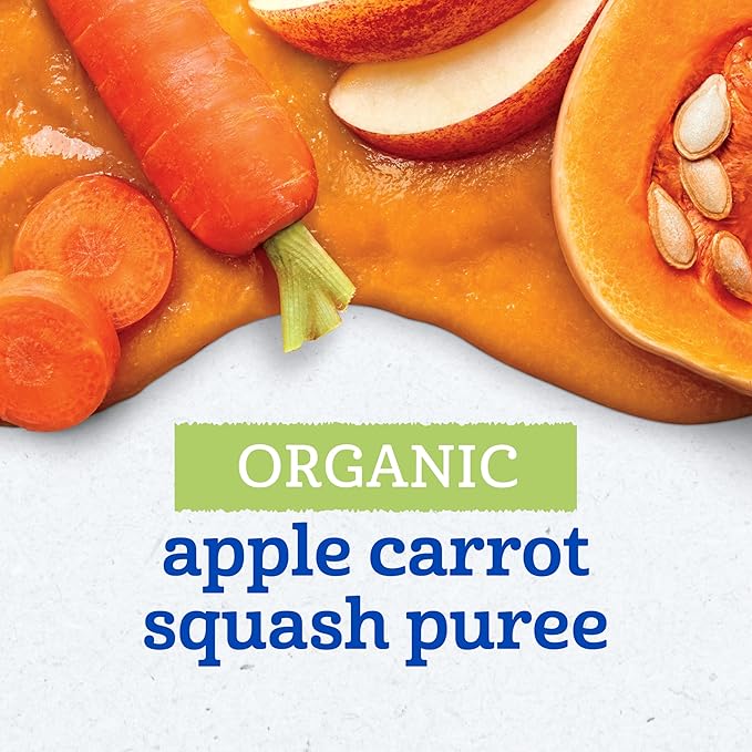Gerber Stage 2 Baby Food, Organic Apple Carrot Squash Puree Pouch, 2 Servings of Fruit & Veggie, No Added Sweetener, No Artificial Colors or Flavors, 12-Pack