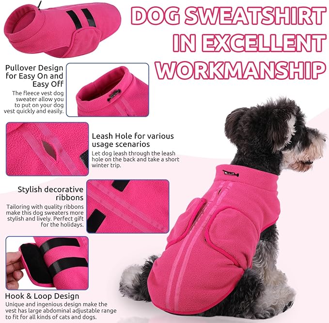 Queenmore Small Dog Sweater, Soft Fleece Vest Pullover Dog Jacket with Leash Hole, Warm Winter Dog Clothes Cold Weather Doggy Dachshund Sweaters for Small Dogs Cats Boy or Girl (Pink, S)