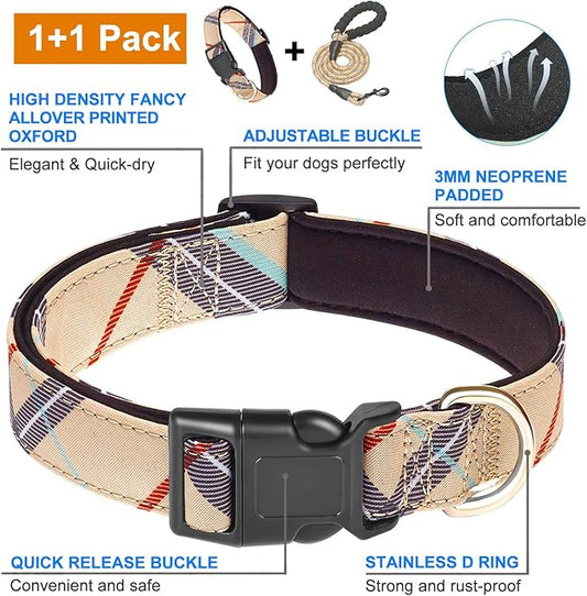 Nylon Dog Collar Soft Neoprene Padded Adjustable Dog Collars for Small Medium Large Dogs (L Neck 18.5"-23.5", Beige)